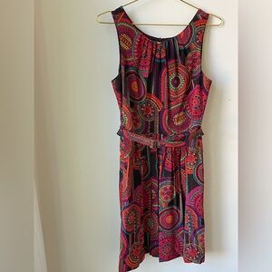 Trina Turk Silk Fit & Flare Dress Multi Earthtone Geometric Belt Back Zip Size 8